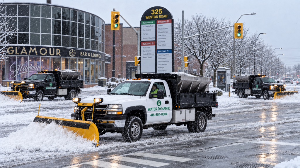 Water Dynamik Group commercial snow removal trucks at a 325 Weston Rd Toronto plaza